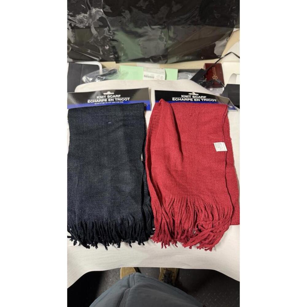 Lot of 2 New Knit Scarves Black + Red 100% Acrylic‎ Fringed Winter Bundle